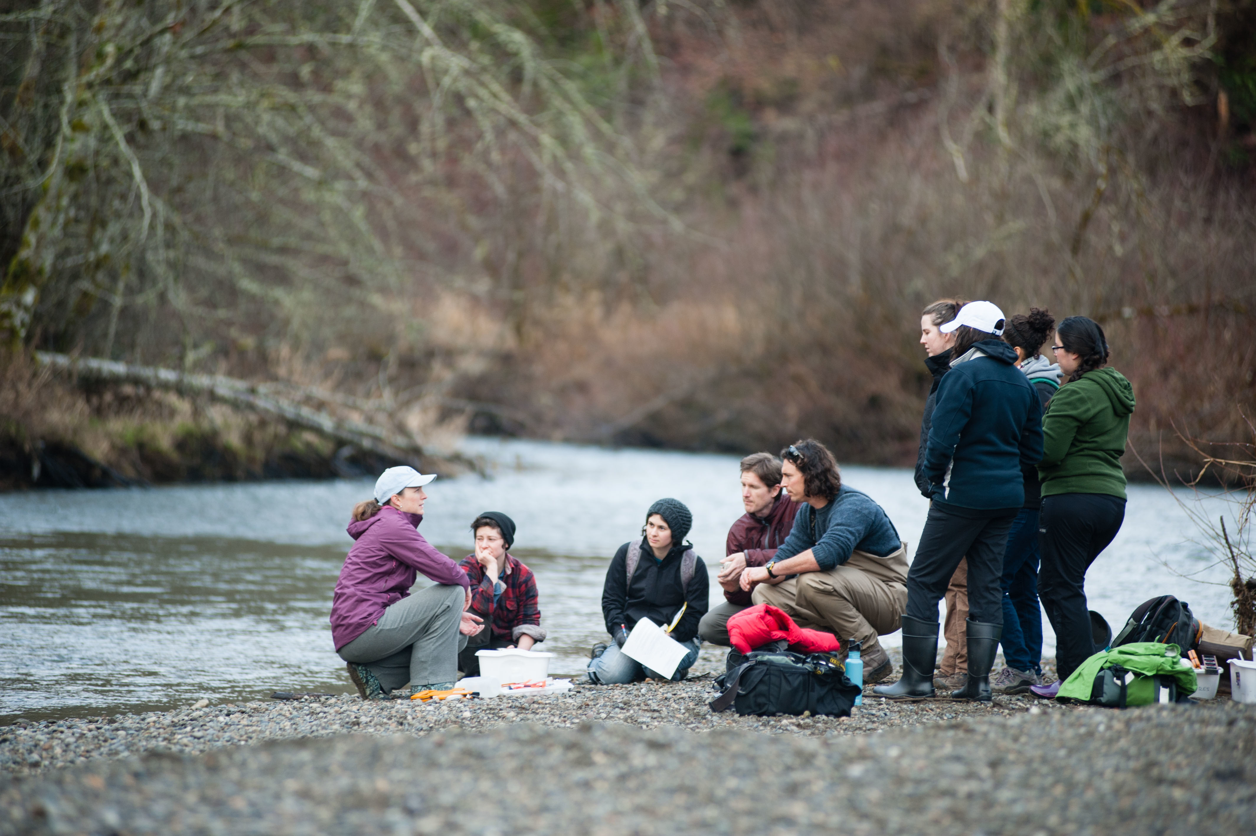 Dr. Carri LeRoy mentors environmental and ecology graduate students from The Evergreen State College through an outdoor exercise