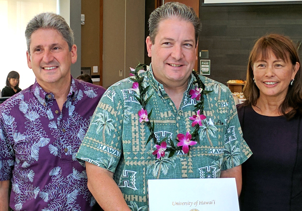 UH President David Lassner, Space Grant Director Luke Flynn, UH Board of Regents Chair Jan Sullivan